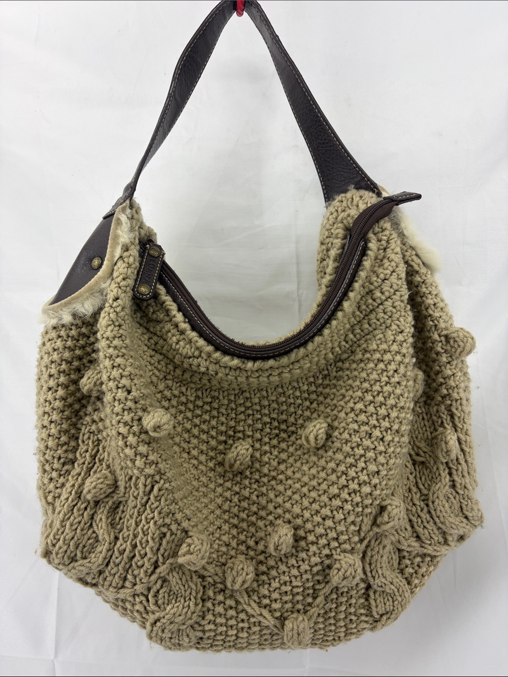 Luana Beige Nubby Knit Crochet Large Hobo Bag Purse, Leather Handle & Fur Accent
